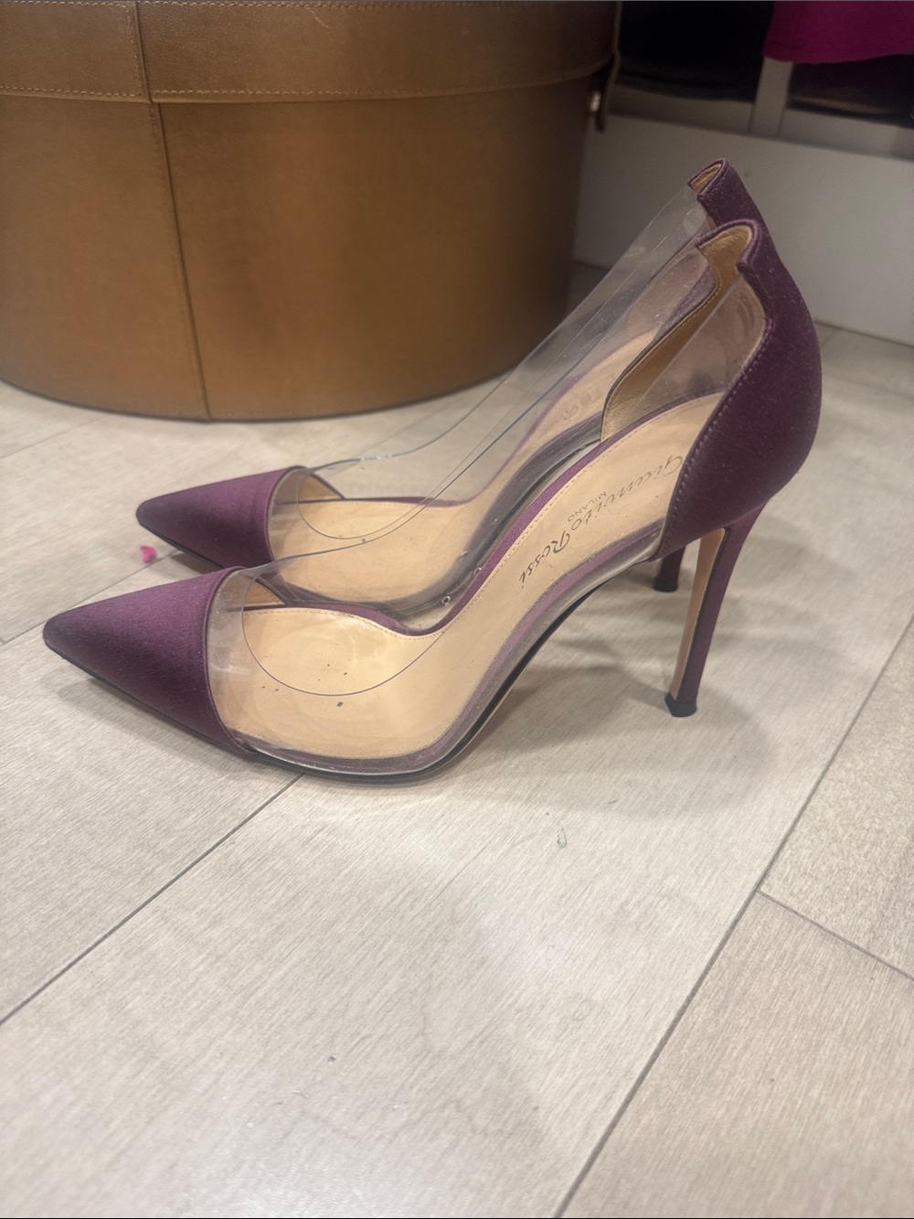 Gianvito Rossi Plum Satin Pointed-Toe Pumps with Clear Sides